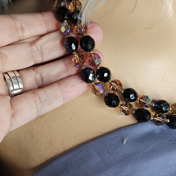 Vintage Black and Amber Faceted Lucite Beaded Double Strand Necklace 20" - Picture 5 of 6
